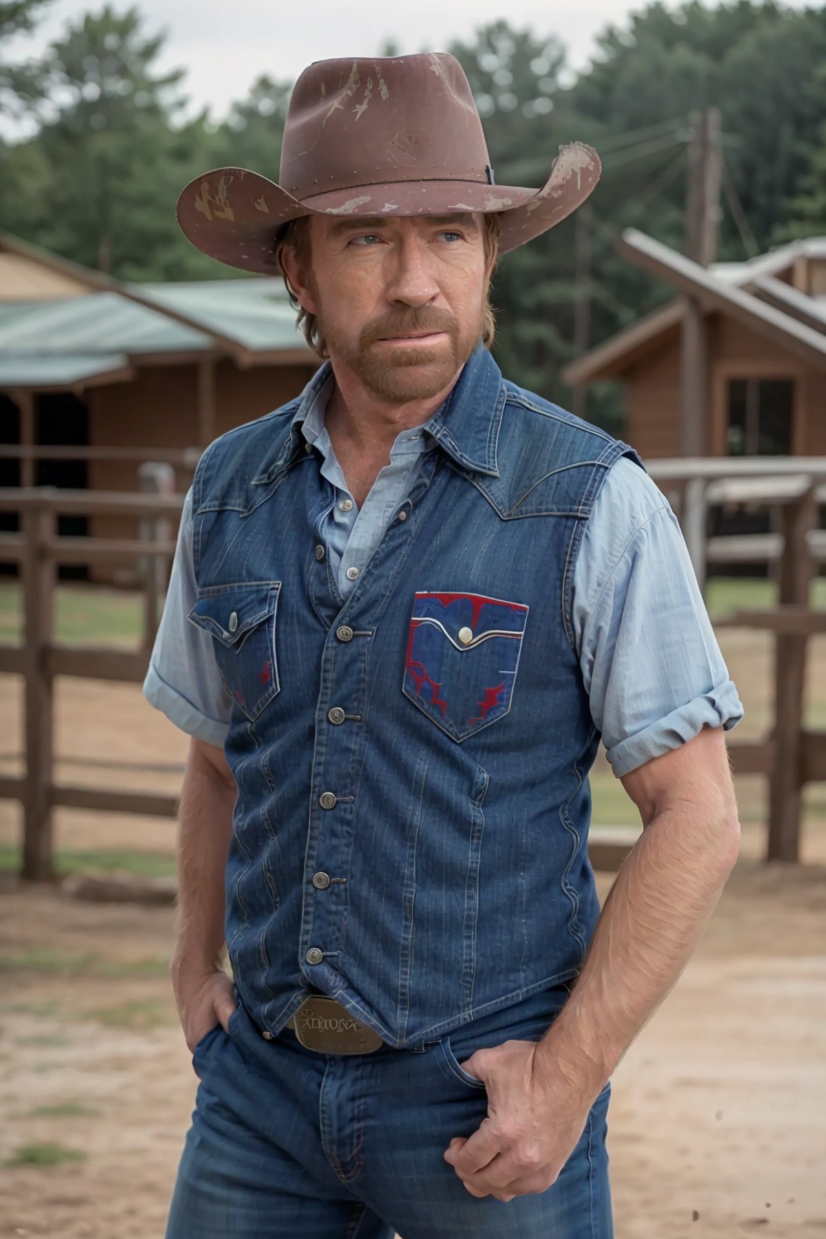 chucknorris, dressed as a texas ranger jeans boots hat shirt vest outoors
(masterpiece:1.2) (photorealistic:1.2) (bokeh) (...